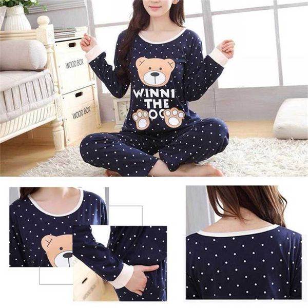 

women long sleeve bear print and pants wave point pajamas set sleepwear drop ship 211007, Black;red