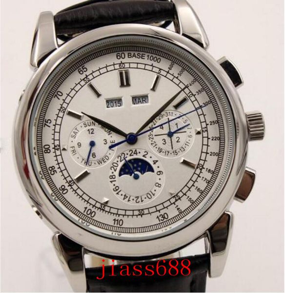 

Super complication timepiece 5270G Automatic Mens Watch Moon Phase Complicated Silver Dial Perpetual Calendar Watches Black Leather