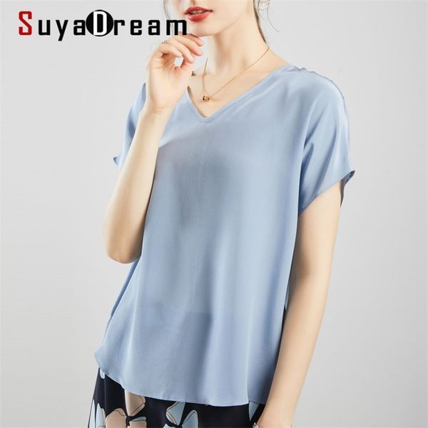 

suyadream women t shirt 100%real silk solid v neck shirt short bat sleeved casual shirts summer fall bottomming op 210708, White