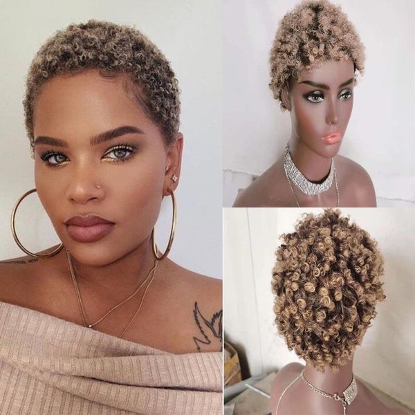 

synthetic wigs womens fashion brown ombre short afro curly heat resistant for black women pixie cut brazilian