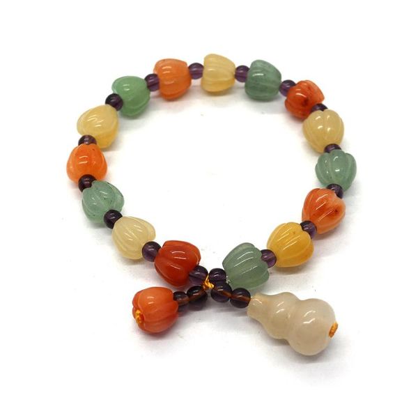 

beaded, strands natural stone bracelet 12mm elastic handmade mineral colorful loose beads gourd pendant reiki healing jewelry, Black