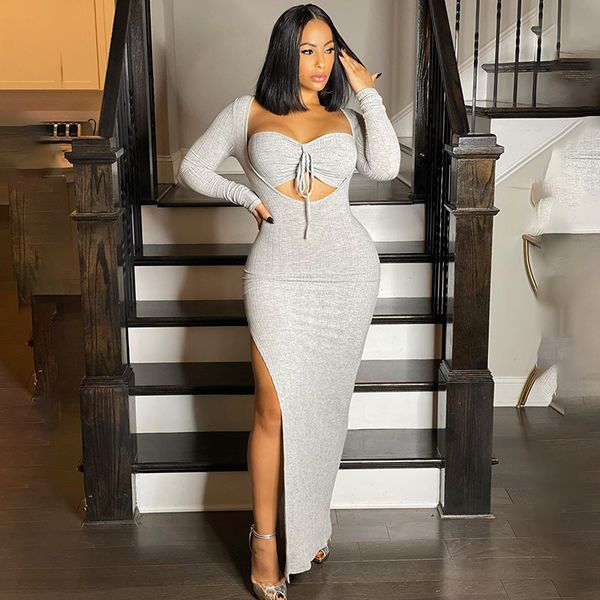 

charming women solid party side split bust hollow out lace up slim bodycon es long sleeves 2021 test spring, Black;gray