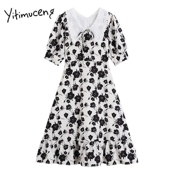 

yitimuceng vintage dresses women summer floral pint mini puff sleeve high waist a-line black korean fashion dress 210601, Black;gray