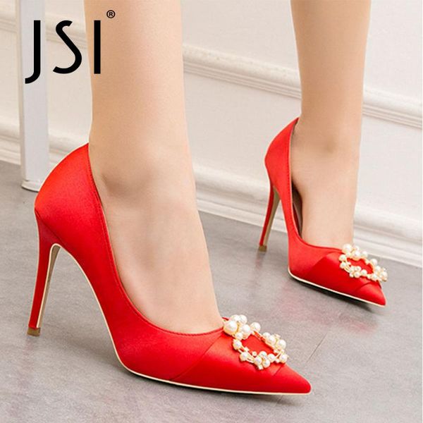 

dress shoes jsi women pumps fashion wedding silk pearl comfort thin heels 10cm metal all-match elegant vo657, Black
