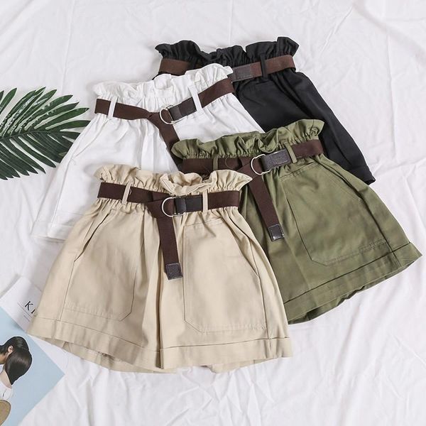 

women's shorts casual ruffle waist self belt bow army green high wide leg 2021 summer women plain, White;black