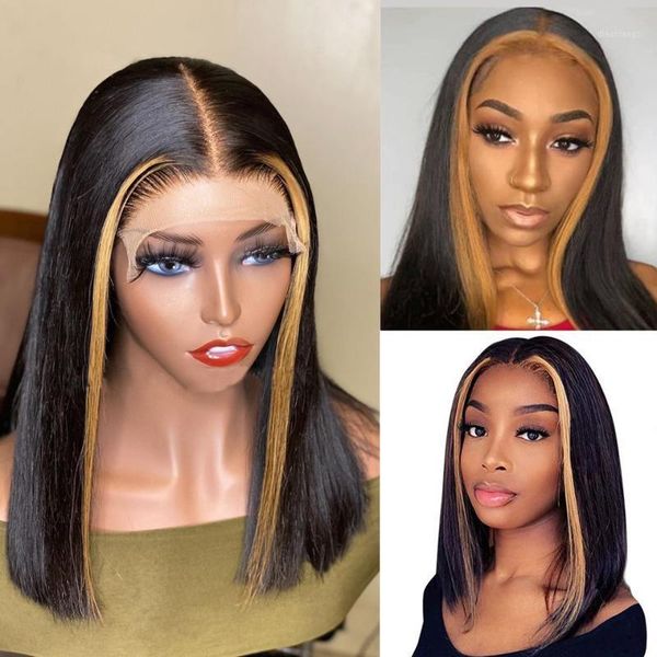 

straight bob wig ombre highlight 150% lace front human hair wigs for black women brazilian remy1, Black;brown