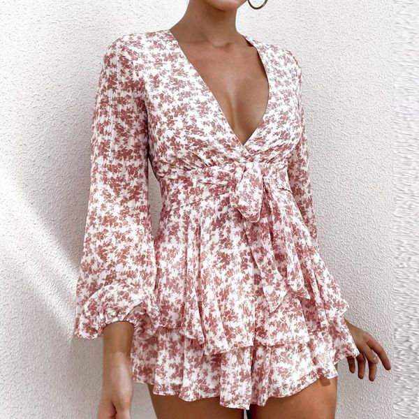 

casual dresses v-neck floral print ruffled lantern-sleeve dress for women vintage bow waistband long sleeve high waist party mini, Black;gray