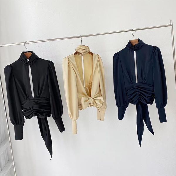 

women's blouses & shirts cosmicchic pullover blouse high-neck open chest backless pleated women shirt lantern sleeve court fashion ladi, White