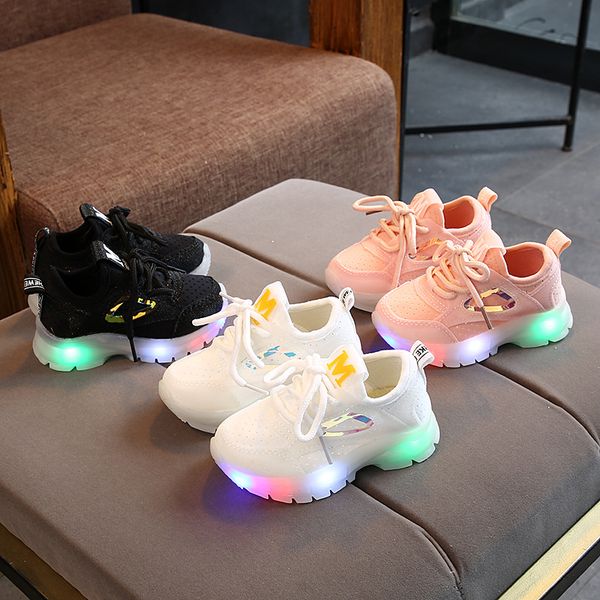 

toddler girl sneakers children baby boy mesh breathable led glow luminous sneakers sneakers, Black;red