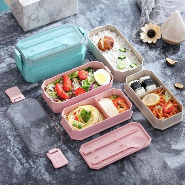 

dinnerware sets japanese style microwave bento box two layers wheat straw lunch leak-proof for school work container