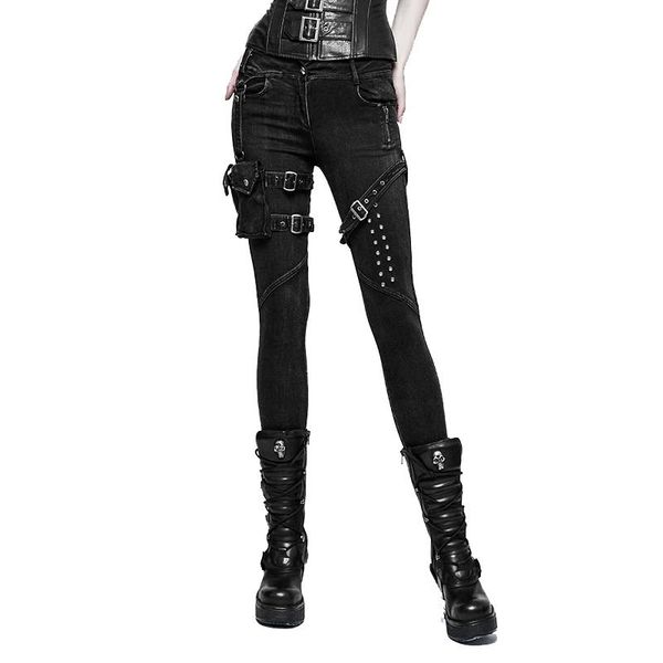

women's jeans punk women pants black skinny pencil light wash cool pockets rivets vintage spliced long rock roll girl, Blue