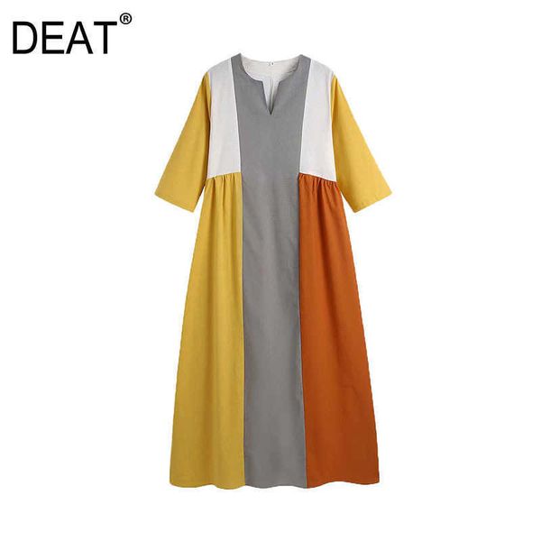

[deat] summer fashion short sleeve round neck knee-length splicing loose casual midi dress women 13q368 210527, Black;gray