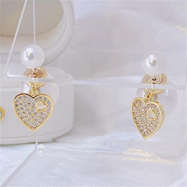 

stud romance inlaid zircon heart both wear earrings temperament pearl for women exquisite luxury elegant accessories gift, Golden;silver