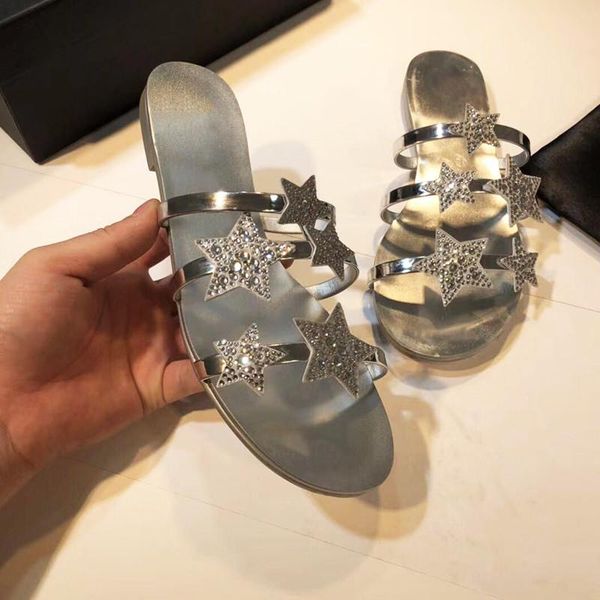 

luxury design slippers women chic glitter star flats causal shoes fashion brand rhinestone woman beach slides, Black