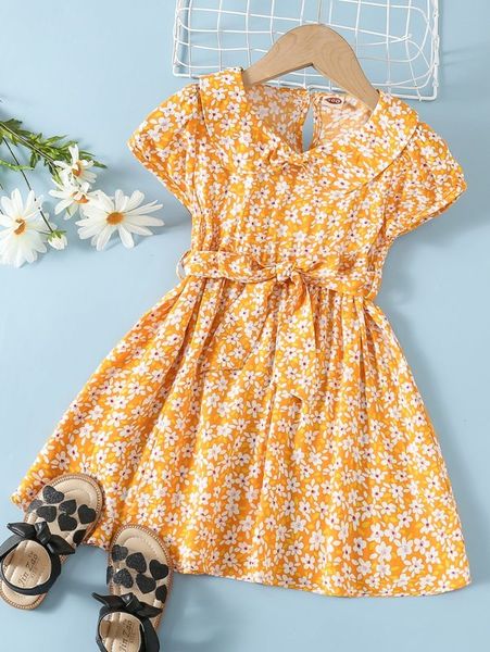 

toddler girls allover floral print peter pan collar belted dress she, Red;yellow