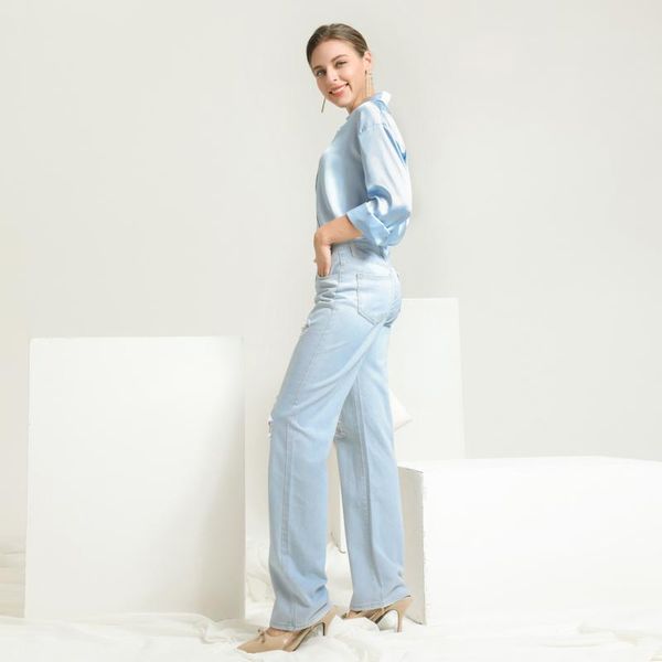 

women's jeans 2021 fashion women causal straight femme full cotton high waist long pants office lady street wear, Blue