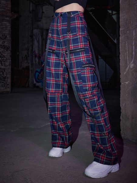 

romwe plaid zipper tape cargo pants v23z#, Black;white