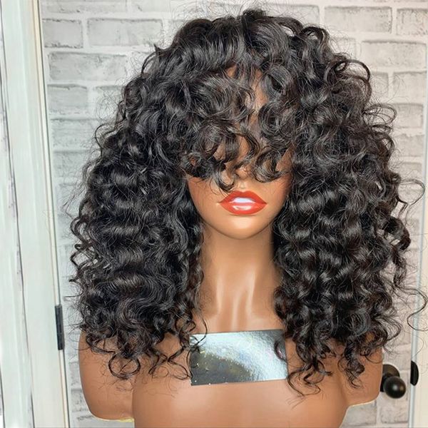 

glueless natural hairline natural color kinky curly wig with bangs lace front wigs 180 density curly hair wigs for black women