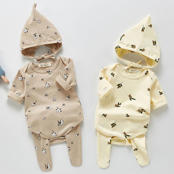 Frühling Herbst Infant Baby Jungen Mädchen Langarm Druck Strampler + Strumpfhose und Hut Kleidung Sets Kinder Junge Mädchen anzug Kleidung 210429