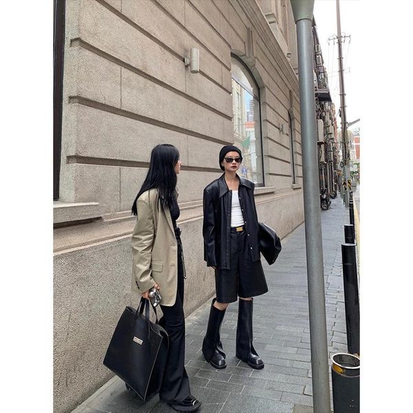 

women's jackets [vermo] fashionable sweet cool leather clothes in autumn 2021 loose and thin simple lapel coat fashion, Black;brown