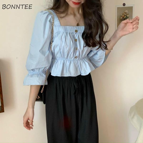 

women's blouses & shirts women 2021 sweet fashion ruffled vintage flare sleeve square collar female womens crop summer kawaii chic cas, White