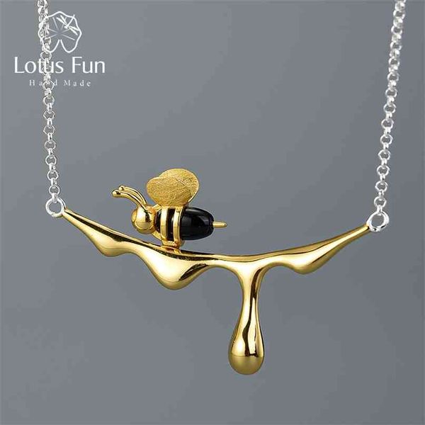 Lotus divertido 18k abelha de ouro e pingando mel pingente colar real 925 esterlina prata handmade designer fino jóias para as mulheres 210721