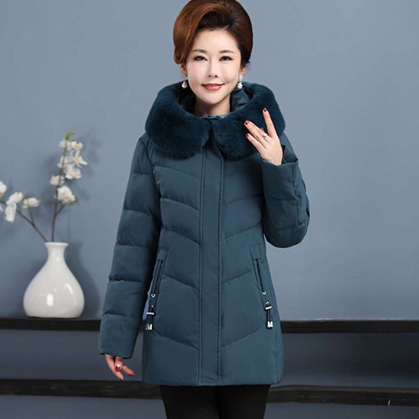 

middle aged and down jacket female coat winter large wool collar medium long white duck cotton, Black