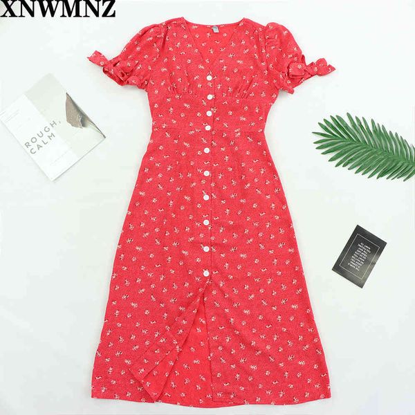 

fashion women v-neck puff sleeve floral printed dress single-breasted lady red midi dress summer boho vintage dresses 210510, Black;gray