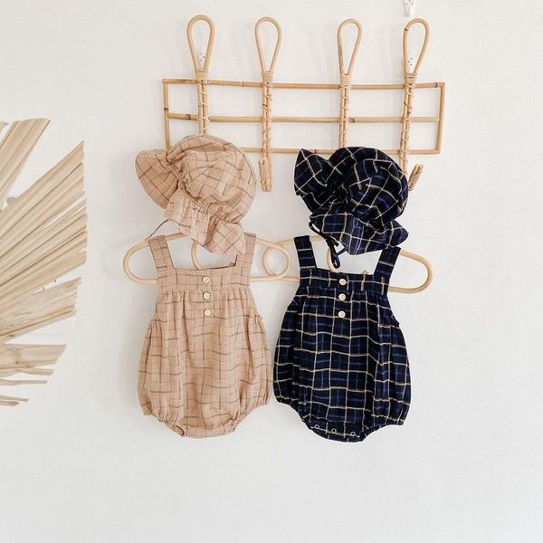 

clothing sets 2pcs born boys girls sleeveless sling lattice romper+hat clothes suit korean infant triangle cute romper strap blue overalls, White
