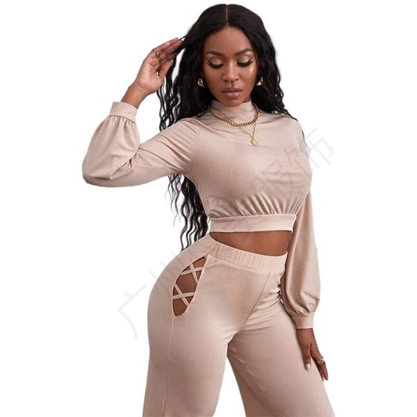 

women's two piece pants 2021 autumn and winter products pure color fashion casual slim long-sleeved shirt suit wide-leg fitness sportsw, White