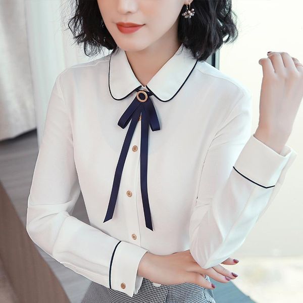 

women's blouses & shirts korean chiffon women woman long sleeve blouse office lady bow white plus size blusas femininas elegante