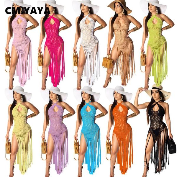 

women's swimwear cmyaya 2021 summer women dress tassel sleeveless hollow out beach bodycon mini weaving behomian, White;black