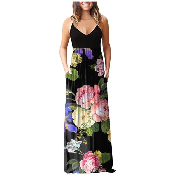 

casual dresses summer for women 2021 sleeveless pocket floral printing beach long maxi loose dress vestidos de verano mujer, Black;gray