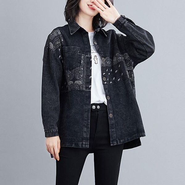 

women's jackets women autumn denim 2021 vintage print turn-down collar female loose casual jean outerwear coats s1758, Black;brown