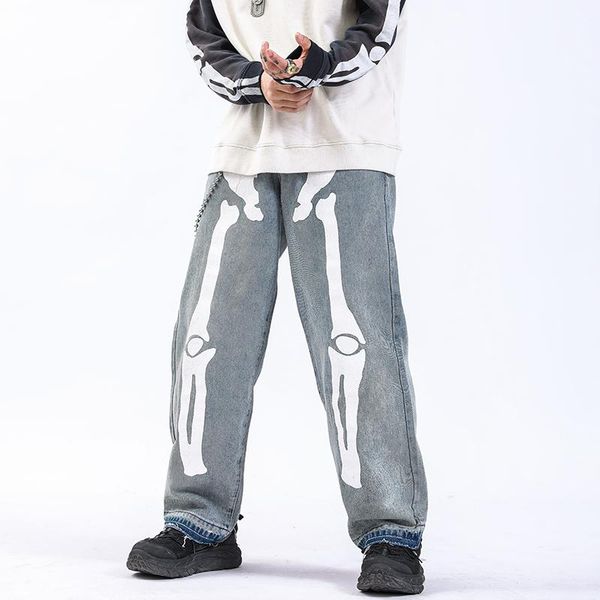 

men's jeans men skeleton pants denim streetwear hip hop cargo high wasit harajuku overalls, Blue