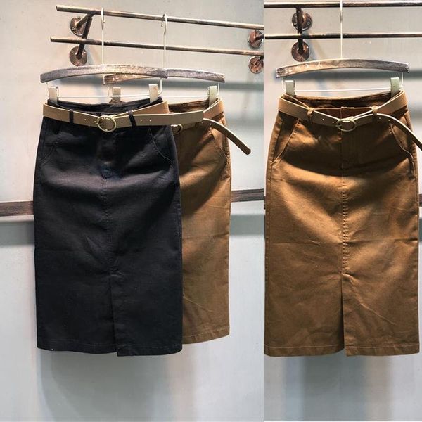 

women's skirt 2021 spring and autumn mid long slim elastic high waist thin split buttock skirts, Black