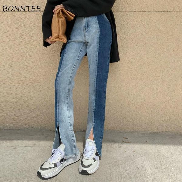

women straight jeans high waist side-slip hip-hop patchwork harajuku skinny gradient color special design ladies trousers chic women's, Blue