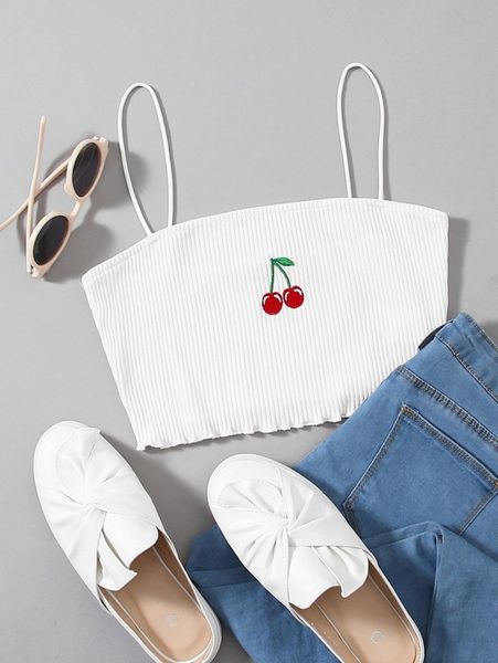

embroidery cherry rib-knit crop cami c5xv#, White