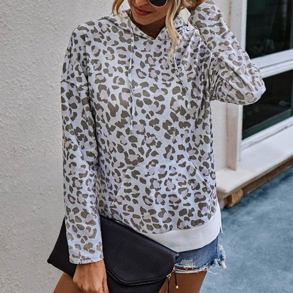 

women's hoodies & sweatshirts autumn winter women o-neck socket leopard print drawstring for long sleeves hood ladies moletom, Black