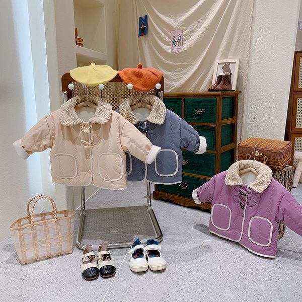 

jackets 2021 baby girl boy cotton jacket autumn winter kids fashion lapel overwear children thick coats clothes warm outerwear 2-6y, Blue;gray