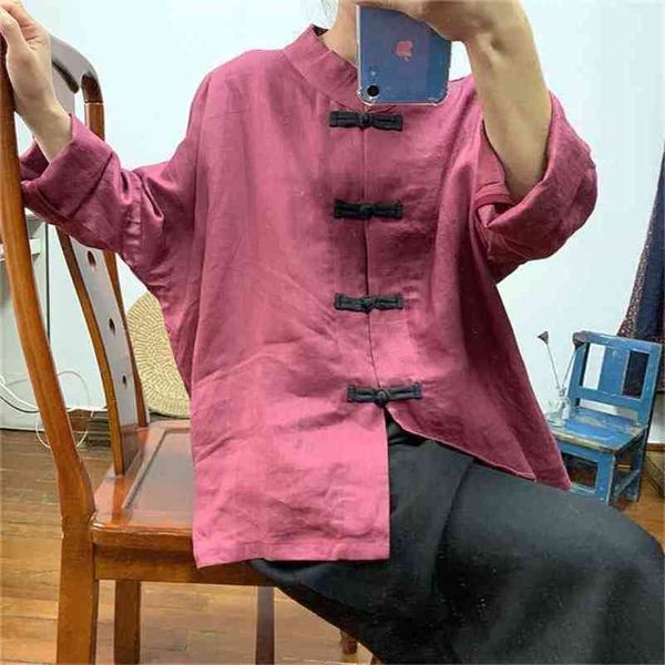 Camicia a maniche lunghe a pipistrello allentata da donna in puro ramiè di alta qualità cinese retrò doppiopetto 210407