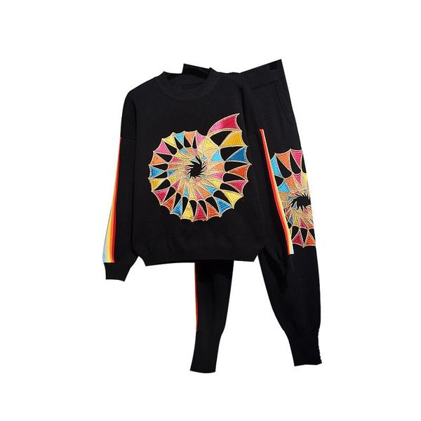 

women's tracksuits autumn two piece set women 2021 knit sweater embroidery pullover +casual pants ladies 2 outfit black winter, Gray