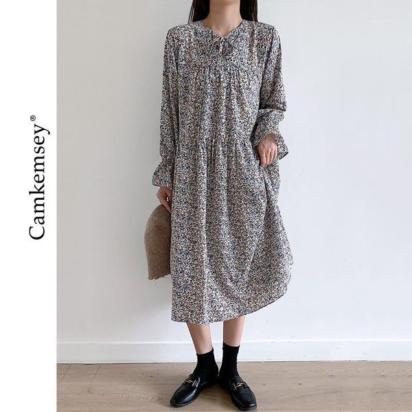 

casual v-neck retro floral printed spring autumn long sleeve loose maxi dresses comfortable chiffon holiday beach dress, Black;gray