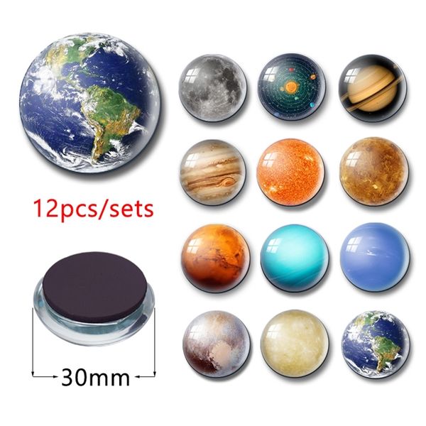 12pcs / set planeta lua sol terra solar sistema magnético 30mm ímã de geladeira para ímã de geladeira Cabochão de cristal de vidro do mundo 210722