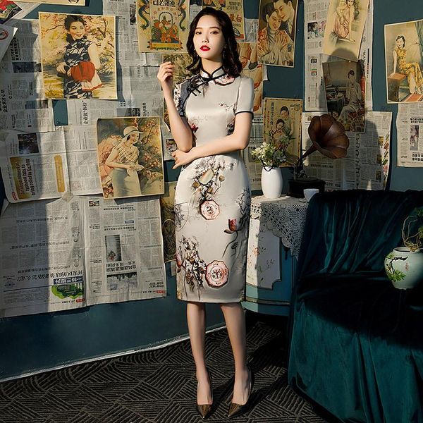 

colors chinese printed rayon satin traditional wedding qipao woman elegant split dress female floral bodycon cheongsam ethnic clothing, Red