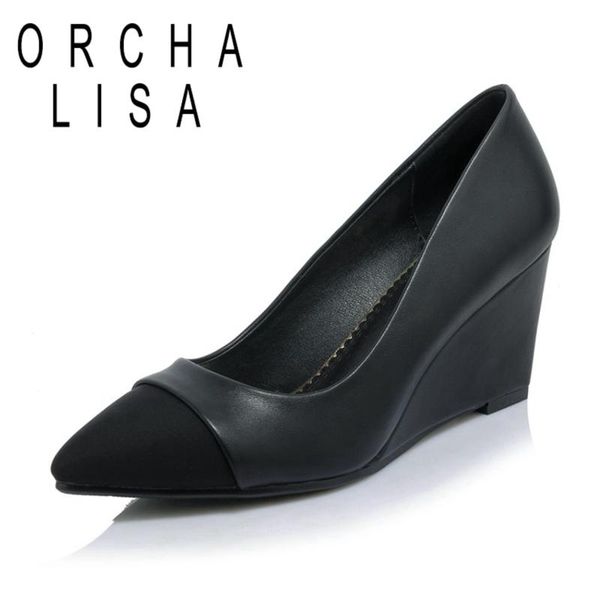 

dress shoes orcha lisa 2021 ladies romantic pumps concise slip on party pointed cap toe patchwork 7.5cm wedges size 32-42 black yellow a4466