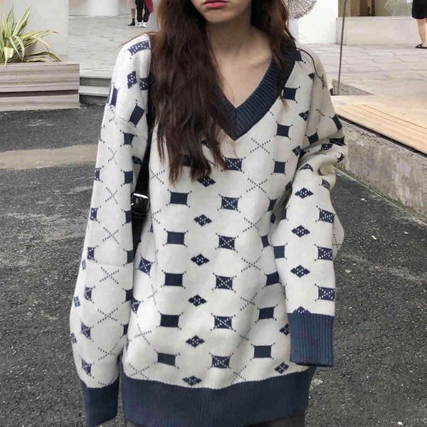 

women's sweaters realeft turtleneck v diamond plaid women's knitting sweater, korean style loose long sleeve thick vintage casual, White;black