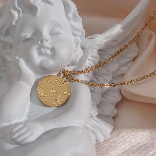 

chains trendy stainless steel gold plated waterproof tarnish planet round pendant o and thin chain necklace for women, Silver