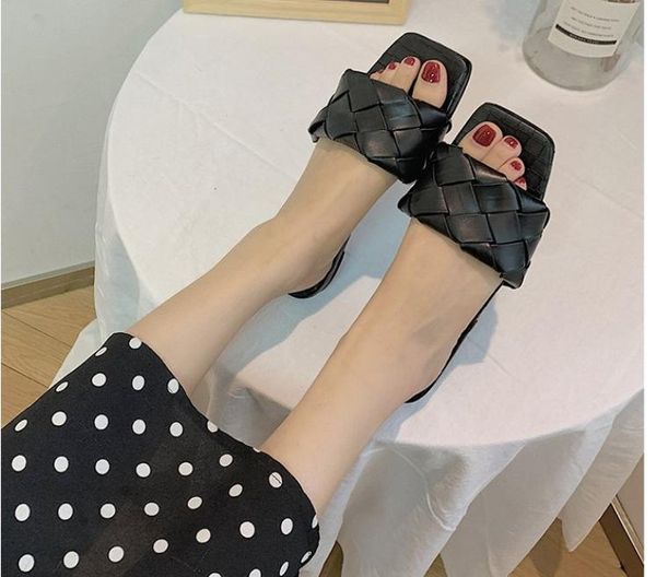 

slippers 2021 summer design snake print square toe heels pu leather gladiator sandals womens slides shoes, Black