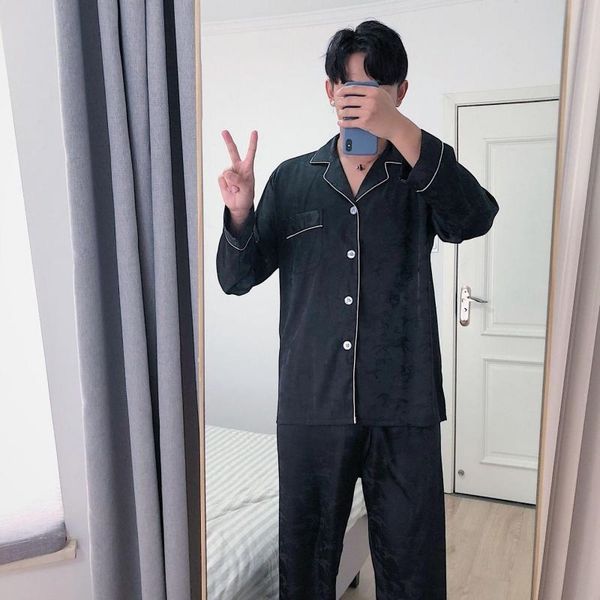 

women's sleepwear plus size men pajamas set spring long sleeve 2pcs shirt&pant elastic waistband loungewear faux silk satin home c, Black;red